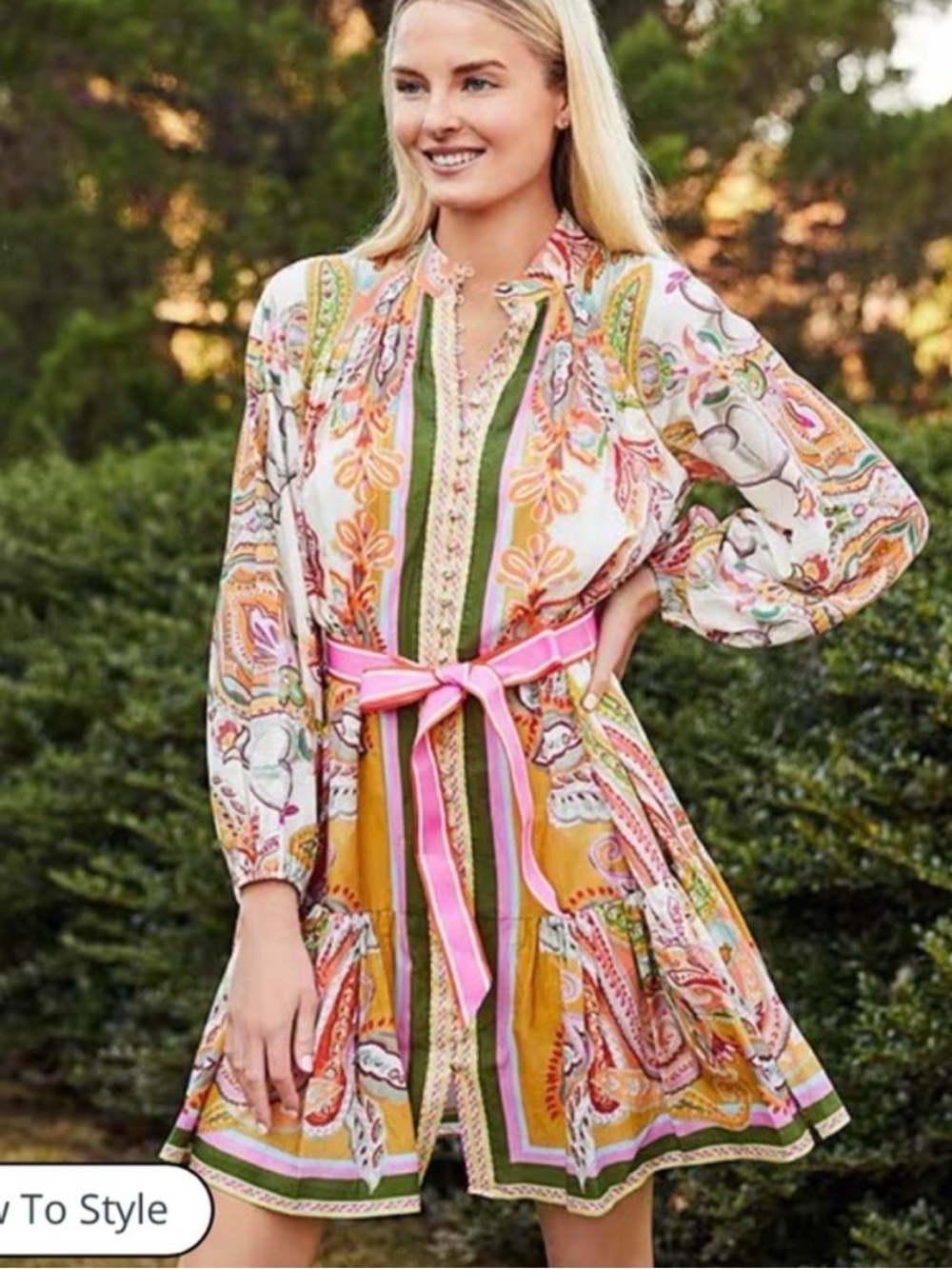NWT ANTONIO MELANI Multicolor Paisley Long Sleeve Dress - Pink, Yellow, Green